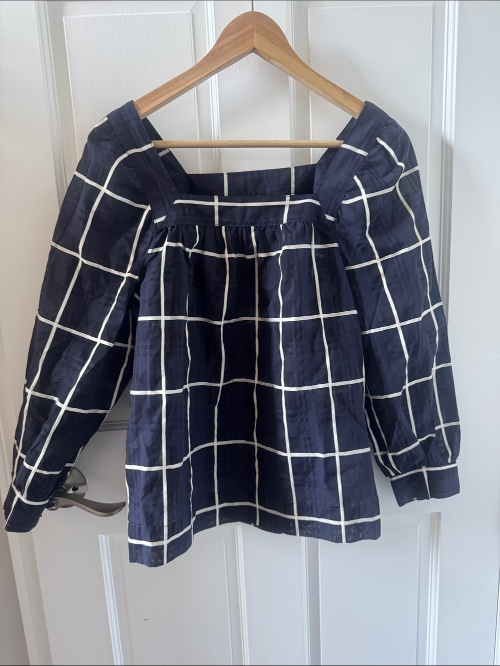 J. Crew Navy Windowpane Square-Neck Blouse